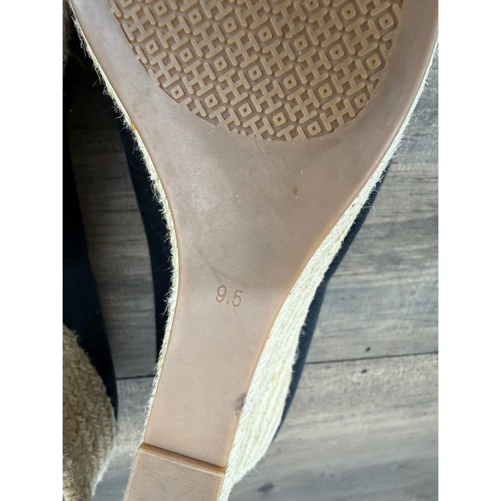 Tory Burch Black Canvas Bow Peep Toe Espadrille Wedge Sandals Womens 9.5